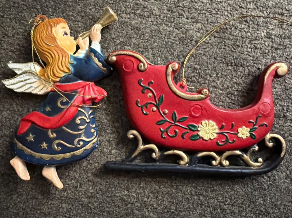Christmas Tree Ornaments Angel and Sled Hong Kong Hard Plastic Enesco Vintage